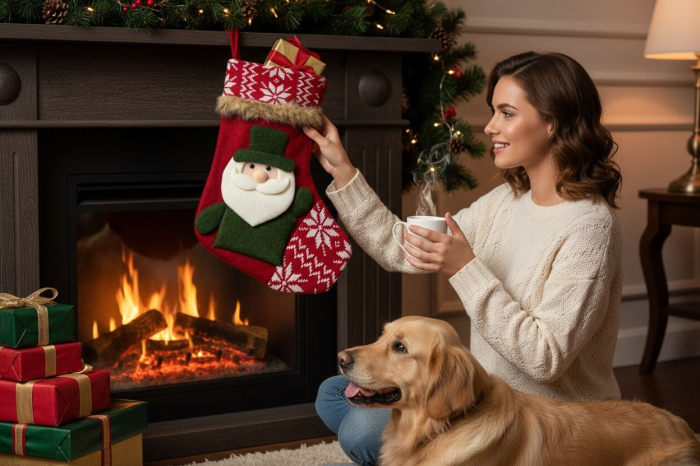 Soseta cadouri Mos Nicolae cu design Mos Craciun verde – model textil rosu, decorativa, 30x25cm [3]