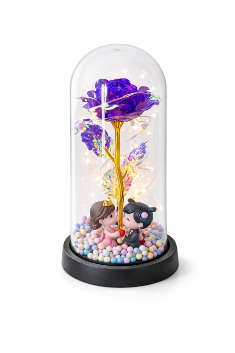 Cupola plastic cu trandafir mov LED si 2 indragostiti, 20 cm, cutie cadou [2]