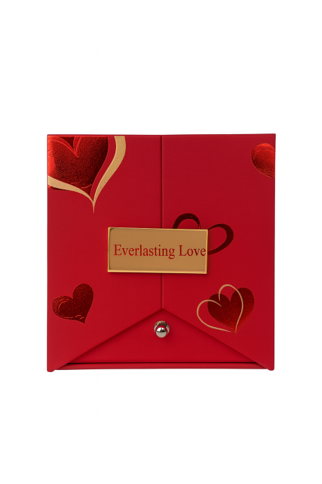 Cutie cadou rosie cu trandafir de sapun in cub transparent si sertare, model premium, 11x9.5x9.5 cm [3]