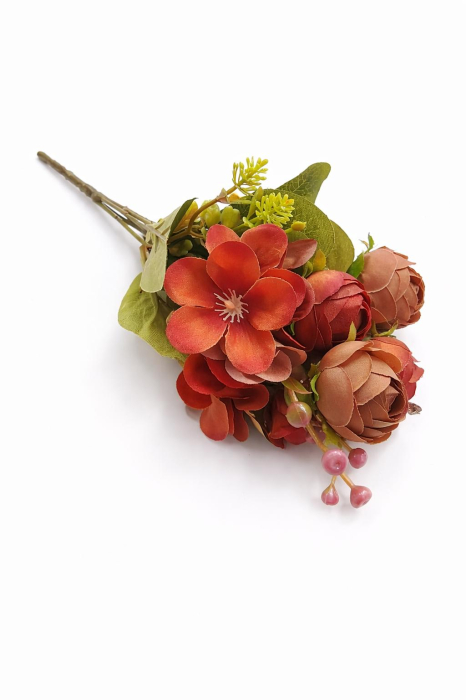 Buchet artificial maro cald cu trandafiri si camelie pe fir gros 30 cm [3]