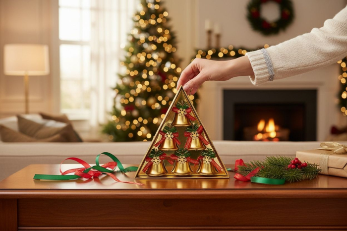 Set clopotei decorativi aurii cu fundita rosie si zapada artificiala 6 buc, 18.5x18.5cm [3]