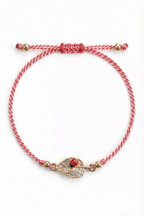 Set 12 bratari martisor cu frunza aurie cu strasuri si buburuza, snur rosu alb, ambalate individual [2]