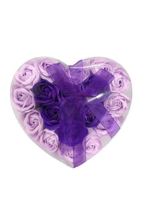 Inima Luxury cu Trandafiri din Sapun Mov si Lila, Cutie Transparenta cu Fundita, 17X17CM [3]
