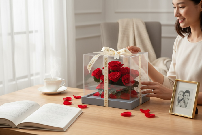 Cutie Premium cu 9 Trandafiri Criogenati Rosii 30x25x18 cm Love Is Eternal [3]