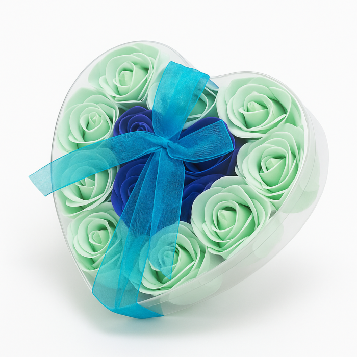 Cutie Inima cu 18 Trandafiri Sapun Blue Mint – Cadou Luxury 15x15 cm [2]