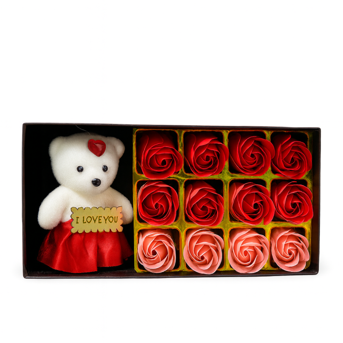 Set Cadou Luxury Ursulet I Love You cu 12 Trandafiri din Sapun, Cutie Eleganta, 22x11x5 cm [2]