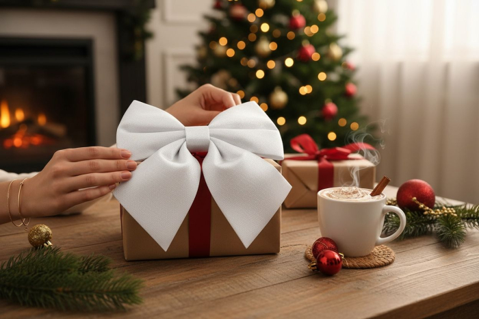 Fundita decor alba Craciun, mare, material textil, ornament pentru brad si decoratiuni, 24x20cm [2]