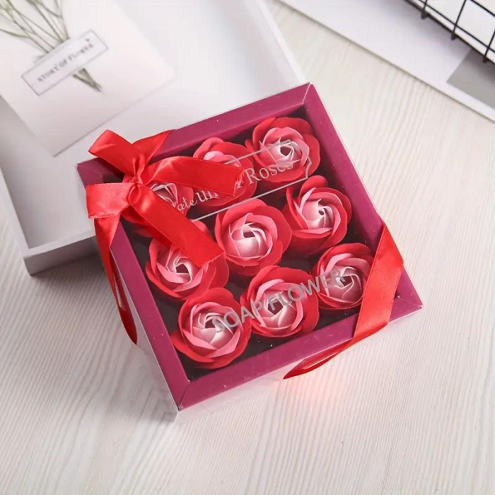 Aranjament trandafiri din sapun rosu si roz in cutie eleganta cu capac transparent [2]