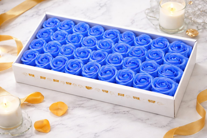 Set 50 Trandafiri de Sapun Parfumati in Cutie Eleganta Cadou 44x23 cm Albastru Indigo [2]