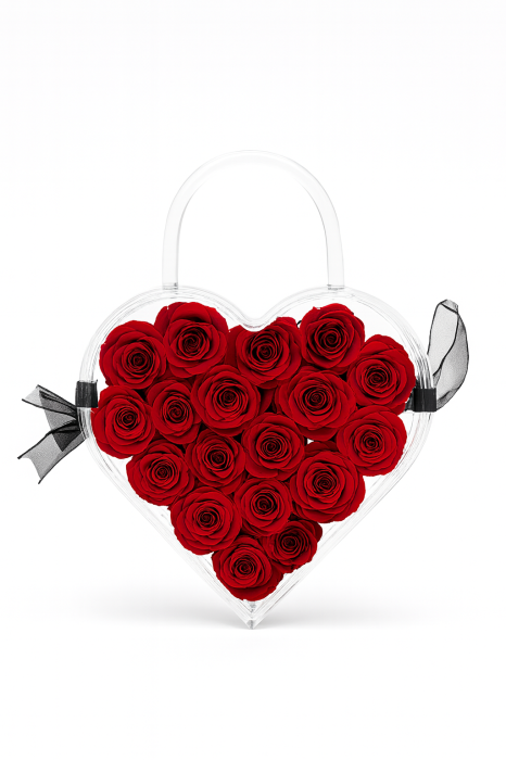 Inima Transparenta cu 19 Trandafiri Criogenati Rosii 33x25x6.5 cm Cadou Premium [1]