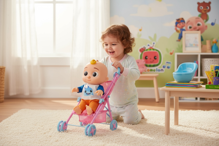 Set Jucarie CoComelon – Papusa JJ cu Olita si Carucior Pliabil, 38x23 cm, 3+ [3]