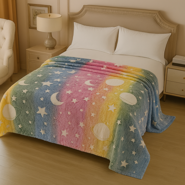 Patura fosforescenta curcubeu super soft 1 KG, model luna  si stele, 200x230 [1]