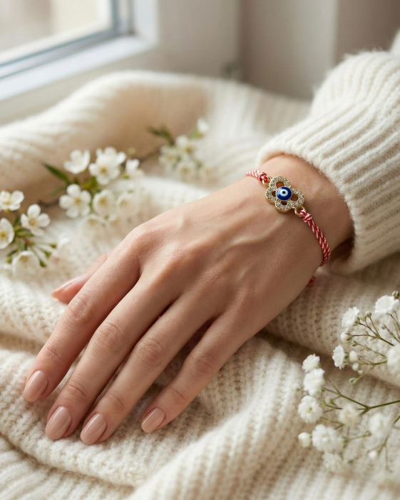 Set 12 bratari martisor fluture auriu cu strasuri si ochisor, snur alb rosu, 20x11cm [3]