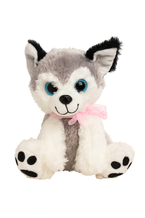 Husky Plus 25 cm – Catel Pufos cu Ochi Albastri si Fundita Roz [2]
