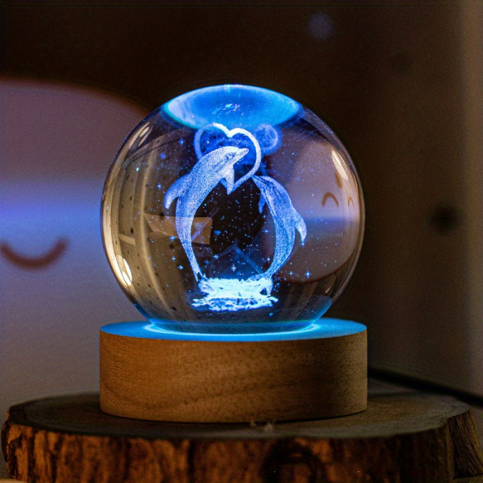 Glob Cristal 3D Delfini 8 cm, cu LED si Baza Lemn, Lampa Decor Marina [2]