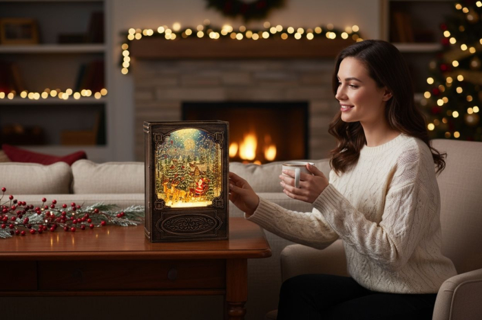 Decoratiune Craciun tip carte cu lumini LED, colinde si ninsoare, baterii si acumulator, 23x16x11cm [2]