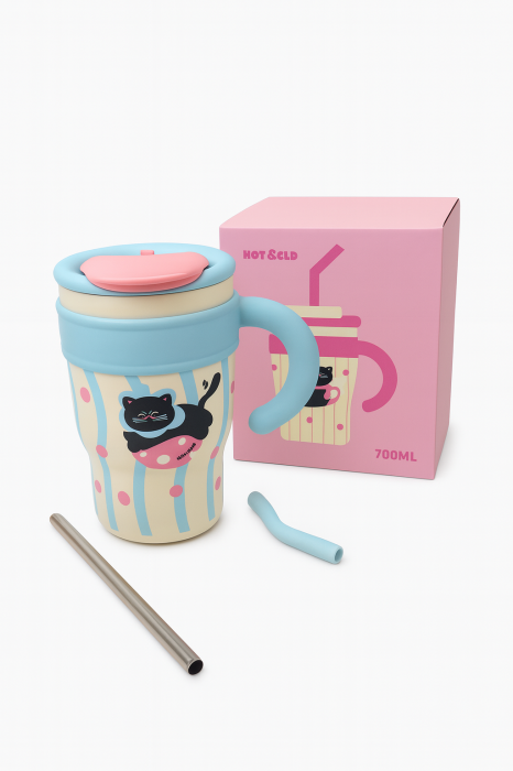 Cana Termo 700ml cu Maner si Pai Metalic – Model Pisicuta, Hot & Cold [1]
