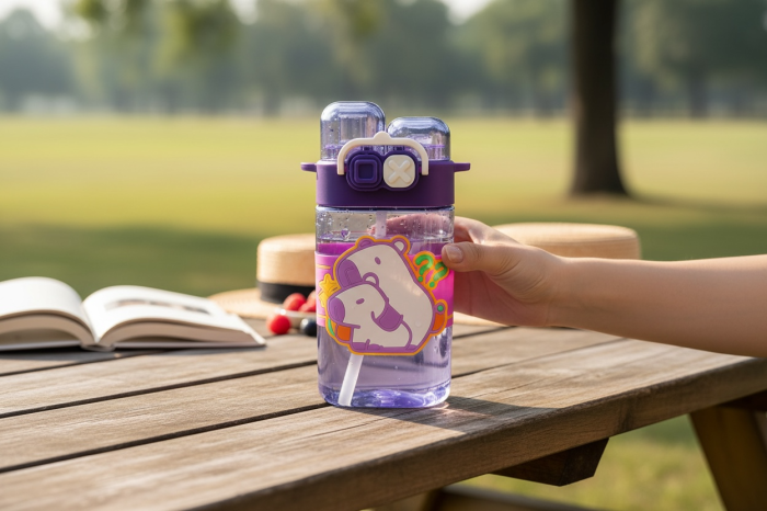 Sticla Apa Copii 600ml cu Bretea si Capac Dublu – Model Ursulet, Mov [2]