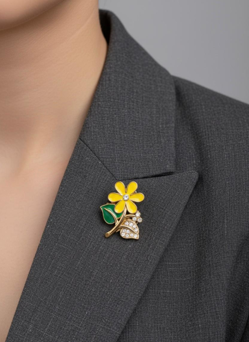 Set 12 brose martisor floare auriu cu frunze verzi si strasuri, culori asortate 15x9cm [3]