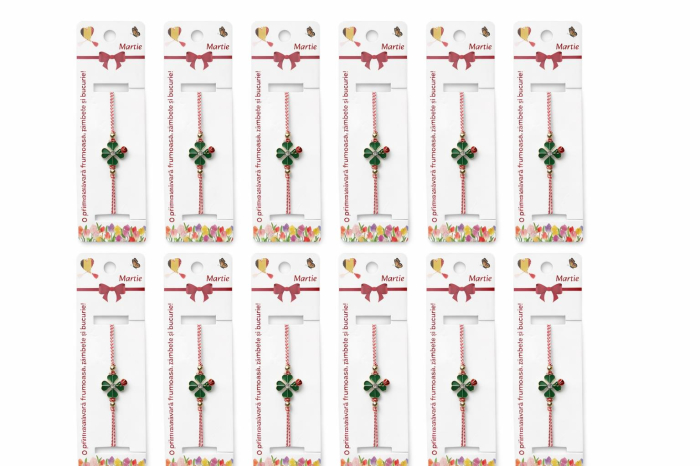 Set 12 bratari martisor cu trifoi verde si buburuza, snur reglabil rosu-alb [5]