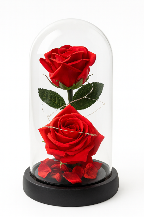 Cupola Sticla cu 2 Trandafiri Rosii din Plastic 21x11 cm cu Lumini si Cutie Cadou [2]