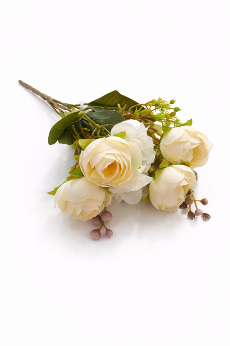 Buchet artificial crem delicat cu trandafiri si camelie pe fir unic 30 cm [3]