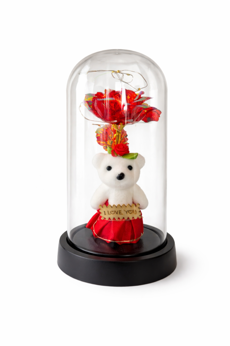 Cupola cu Ursulet si Trandafir Rosu Royal, LED Decorativ Romantic, 20x11 cm, Fara baterii incluse [2]