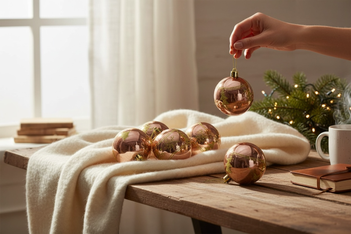 Set 6 Globuri Rose Gold 8 cm cu Braduti Aurii, Ornamente Craciun [2]