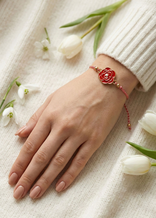 Set 12 bratari martisor cu trandafir rosu si pietricica alba, snur rosu alb, ambalate individual [3]