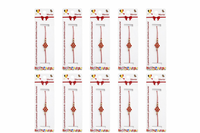 Set 12 bratari martisor cu floare rosie din cristale, snur reglabil alb-rosu [5]