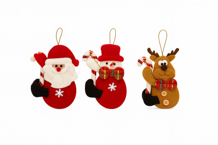 Set 12 Decoratiuni Craciun agatatoare  figurine Mos Craciun Om de Zapada Ren cu baston dulce, 12cm per figurina [1]