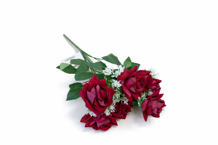 Buchet artificial deosebit cu 7 trandafiri catifelati visiniu si flori decorative 30 cm [2]