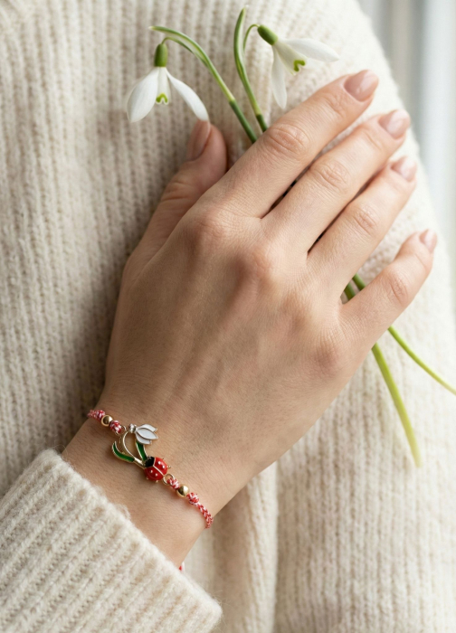 Set 12 bratari martisor cu ghiocel si buburuza, snur rosu alb, ambalate individual [3]