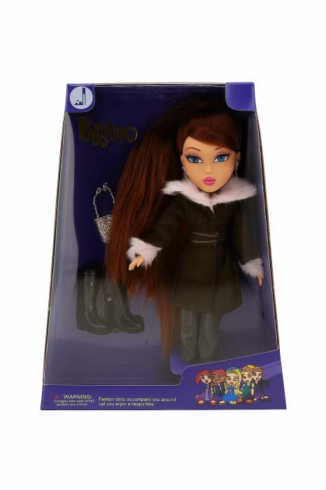 Papusa Brato Fashion cu palton de iarna, par lung saten si accesorii, 29.5x22.5 cm, jucarie fete 3+ ani [1]