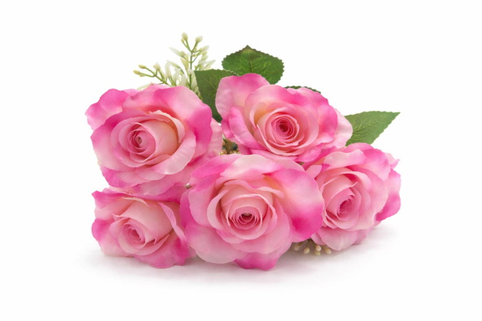 Buchet 7 trandafiri artificiali crem cu lila, frunze si boboci decorativi 30cm [3]