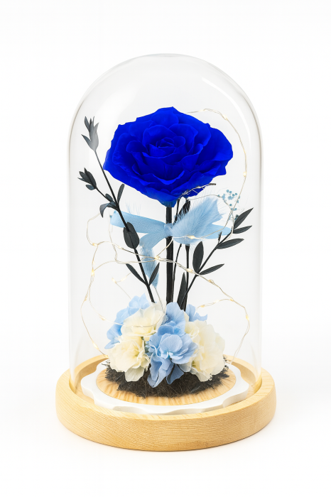 Cupola 24x12.5 cm cu Trandafir Criogenat Albastru si Lumini LED Decor Premium [2]