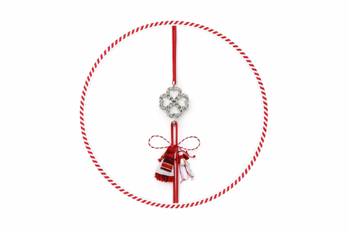 Set 24 bratari martisor cu snur rosu elastic, trifoi argintiu cu strasuri [2]