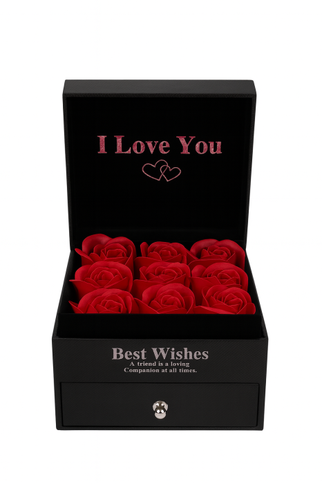 Cutie cadou neagra cu 9 trandafiri de sapun rosii, model cu sertar, punga inclusa, 11x8 cm [2]