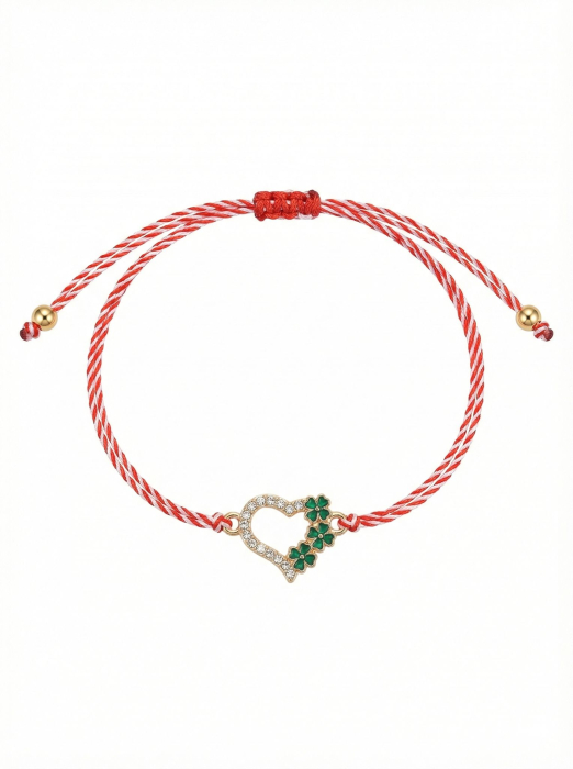 Set 12 bratari martisor cu inimioara si trifoi verzi, snur reglabil rosu-alb [2]