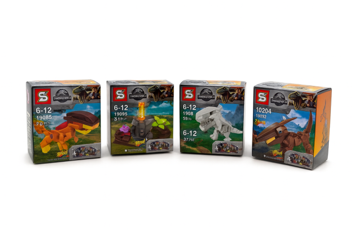 Set 4 Mini Dinozauri Puzzle Tip Lego – Cutii 7x7 cm, Construibile, Cadou pentru Copii 6-12 Ani [1]
