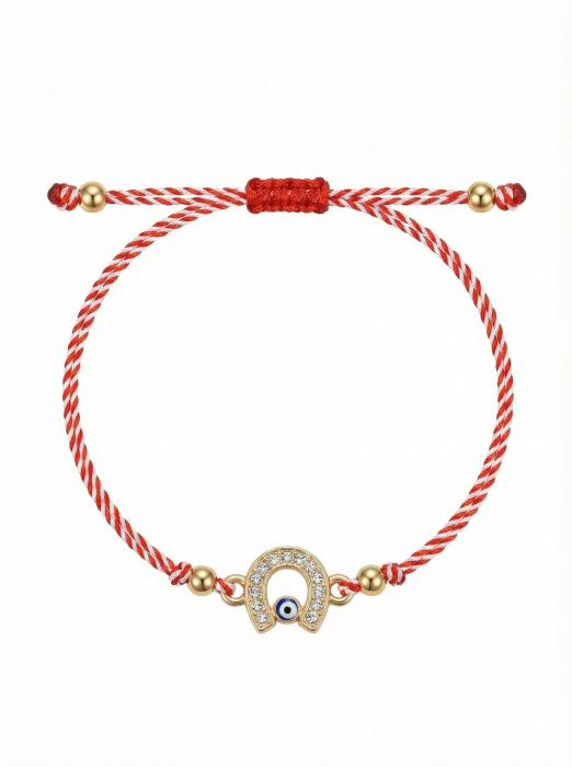 Set 12 Bratari Martisor Potcoava Aurie cu Strasuri si Ochisor Protector, Snur Rosu, 20x11 cm [2]