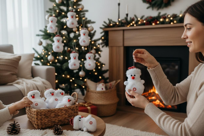 Set 12 decoratiuni Craciun om de zapada textil alb – pachet multiplu, modele mixte, 17cm per bucata [2]