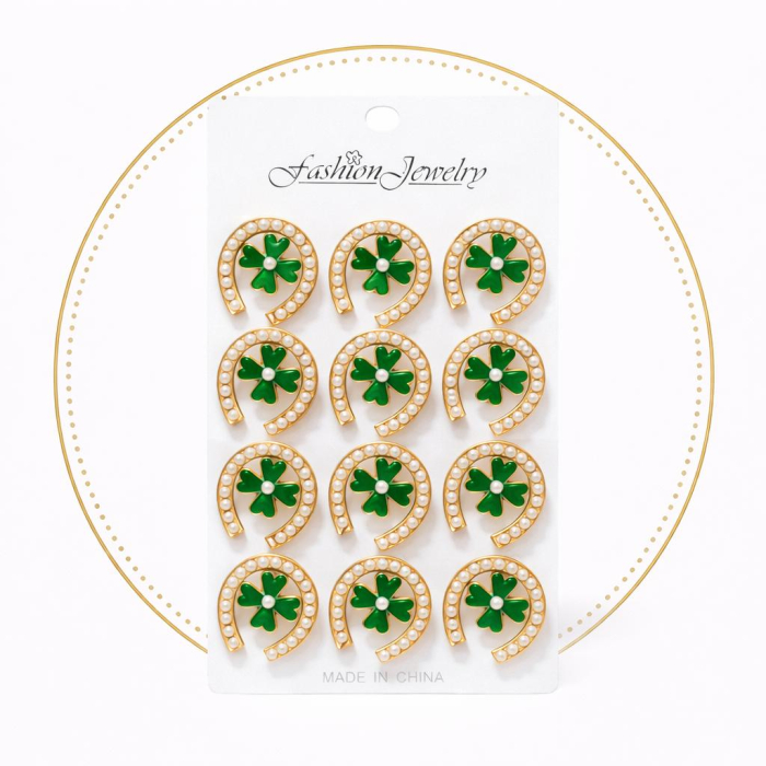 Set 12 brose martisor potcoava aurie cu trifoi verde 15x9cm [2]