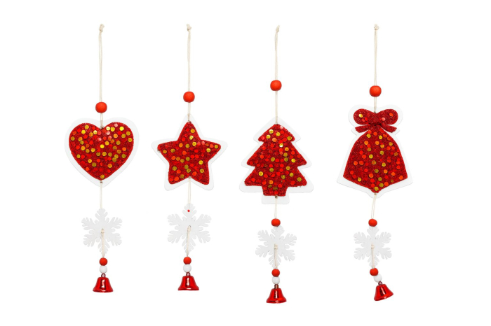 Set 12 decoratiuni lemn Craciun rosii cu sclipici 25 cm modele combinate [1]