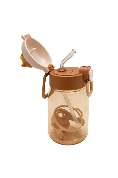 Sticla Kids Bear Caramel 500ml – Model Dragut cu Ursulet, Pai, Capac Flip si Manere Laterale [2]