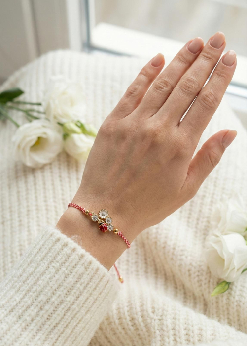 Set 12 bratari martisor cu floare alba si buburuza, snur rosu alb, ambalate individual [3]