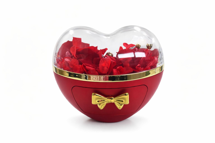 Caseta cadou forma inimioara cu sertar, trandafiri criogenati si flori naturale, set complet [2]