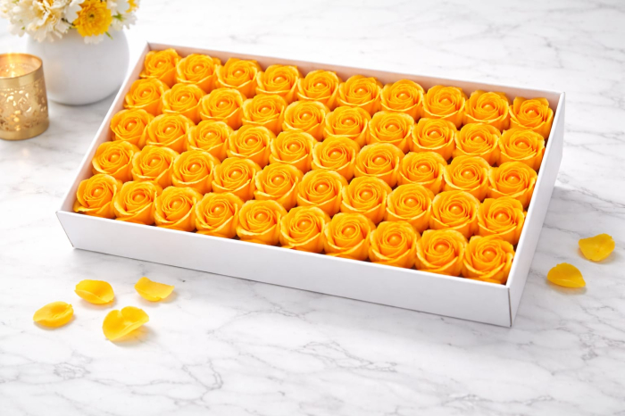 Set 50 Trandafiri de Sapun Parfumati in Cutie Eleganta Cadou 44x23 cm Galben [2]