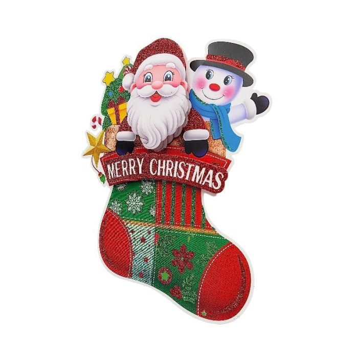 Sticker decorativ Craciun ciorap 3D cu Mos Craciun si om de zapada 22x16 cm [2]