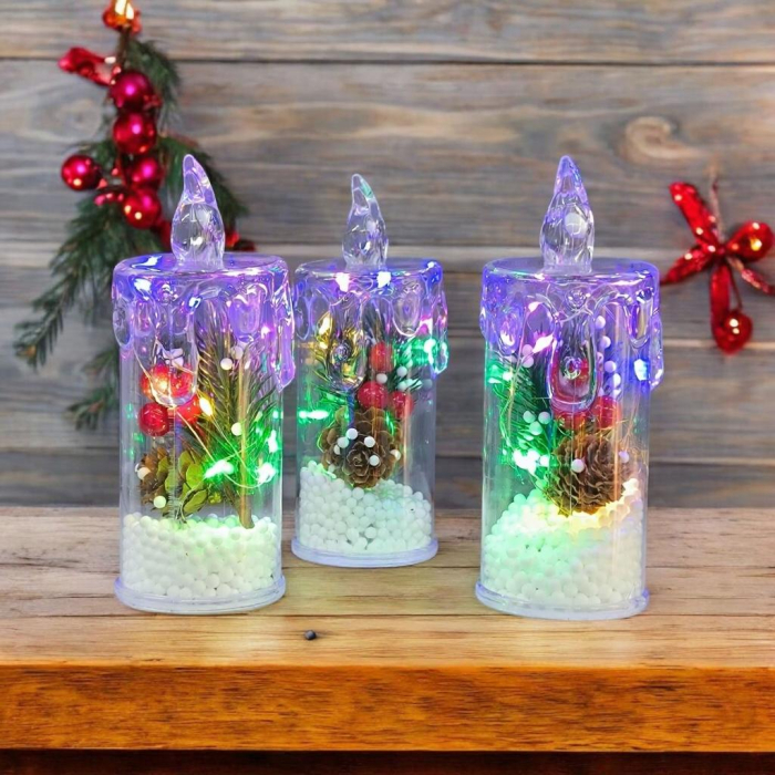 Lumanare LED 17 cm acrilica cu decor de iarna, multicolor – comutator la baza [4]